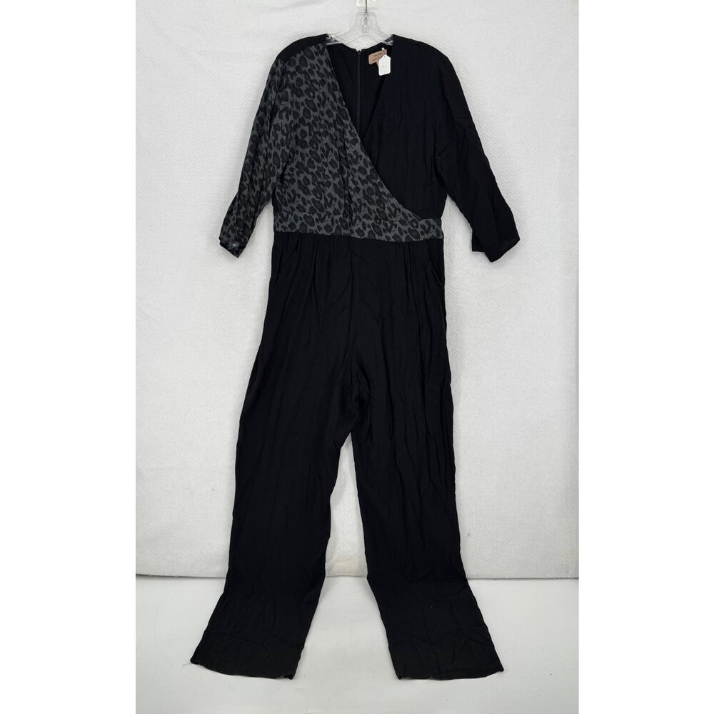 Kachel x Anthropologie Womens Black Animal Print 3/4 Sleeve Jumpsuit Sz 12